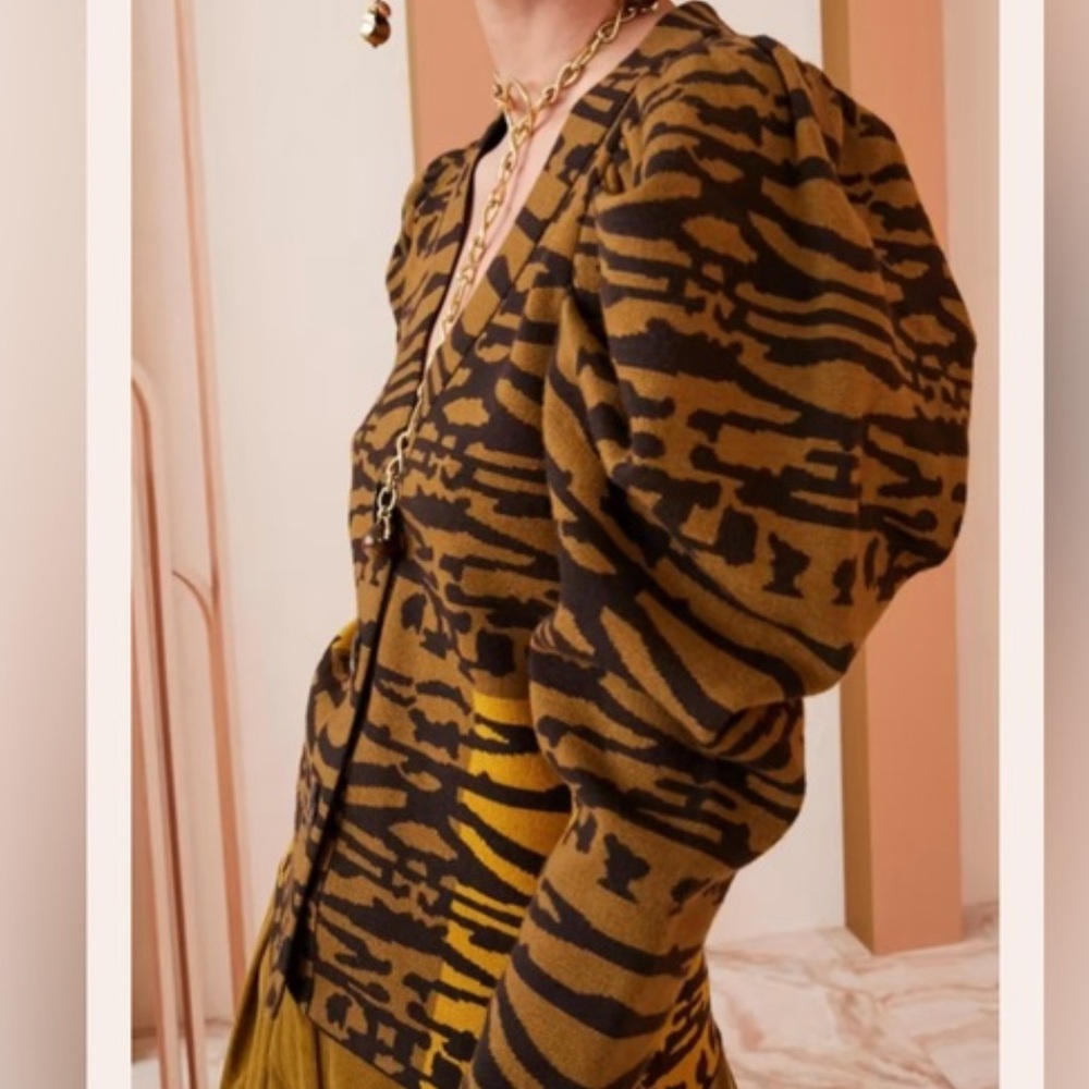Ulla Johnson Black and Brown Tiger-Print Puff-Sleeve Cardigan